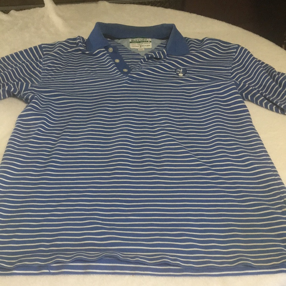Tommy Hilfiger Insect Resilient blue & white 4 button collar golf shirt size L